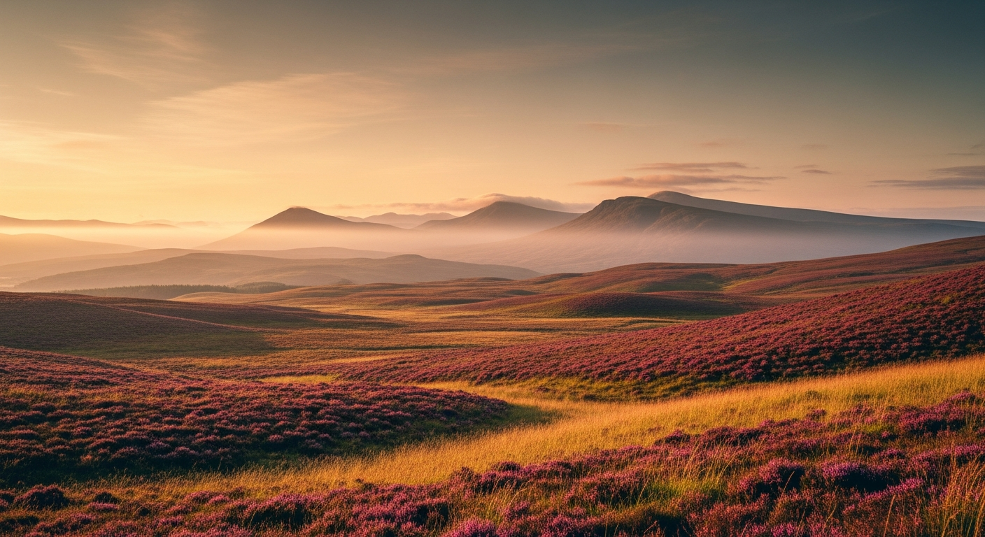 Schottisches Hochmoor in den Highlands im goldenen Abendlicht