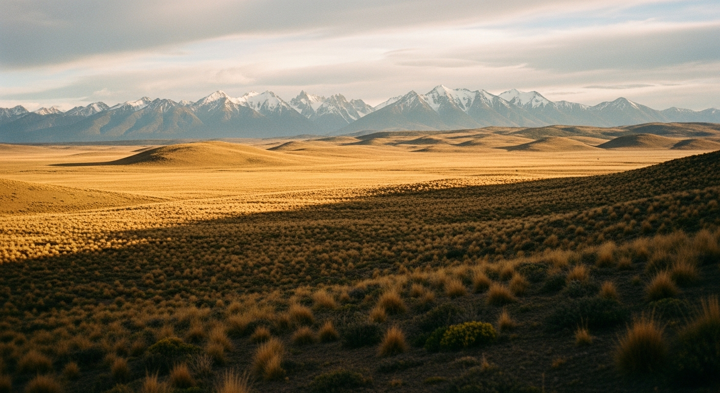 Patagonische Steppe mit fernen schneebedeckten Anden im Abendlicht