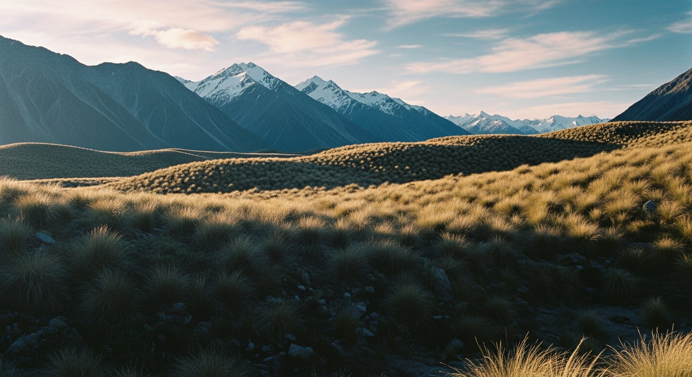 Schneebedeckte Gipfel der Southern Alps in Neuseeland im Morgenlicht