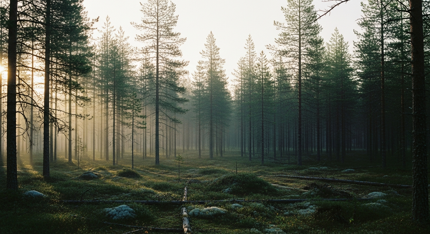 Boreale Taiga in Mittelschweden mit Morgennebel zwischen Kiefern