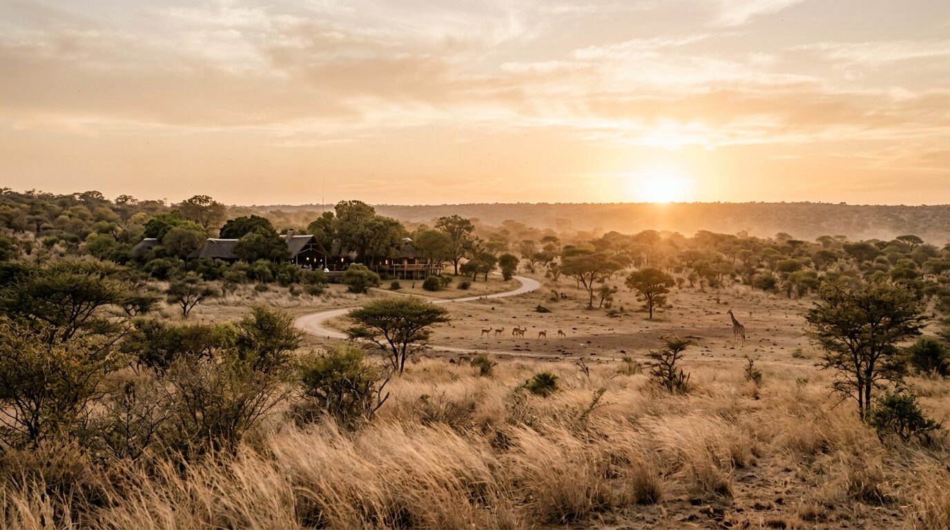 Buschveld-Landschaft in der Provinz Limpopo bei tiefstehender Sonne