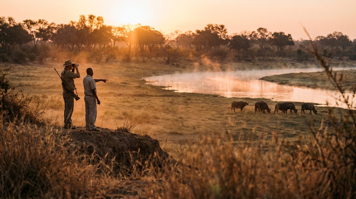 Mopane-Buschveld im Norden Simbabwes am späten Nachmittag